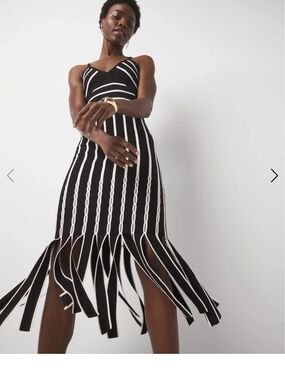 White House Black Market Black and White Striped Fringe Midi Dress